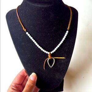 Elegant Silver-tone and White Beaded Bohemian Necklace on leather cord